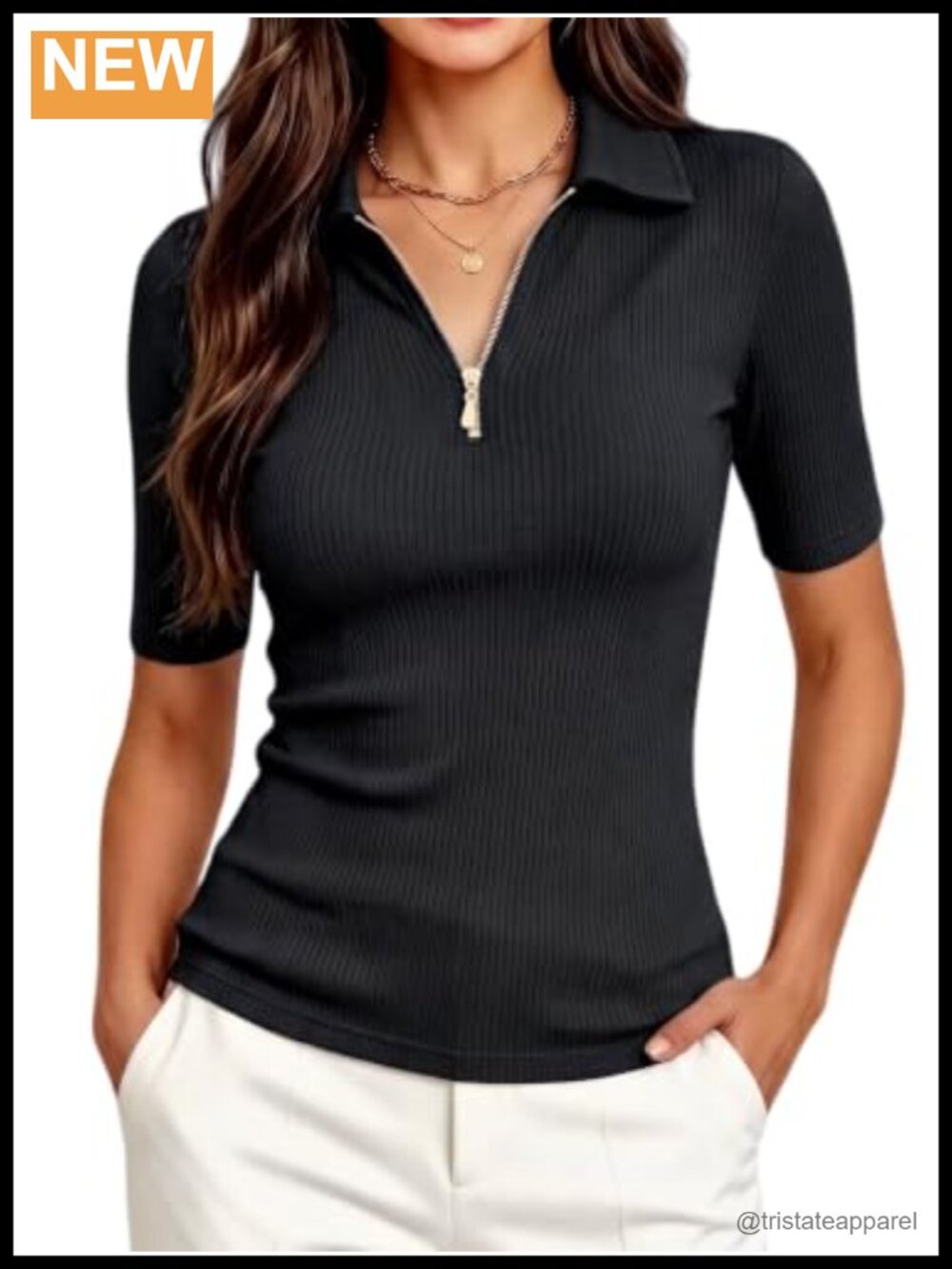 Women's Half Zip V Neck Ribbed Work Blouse Slim Fit Business Top